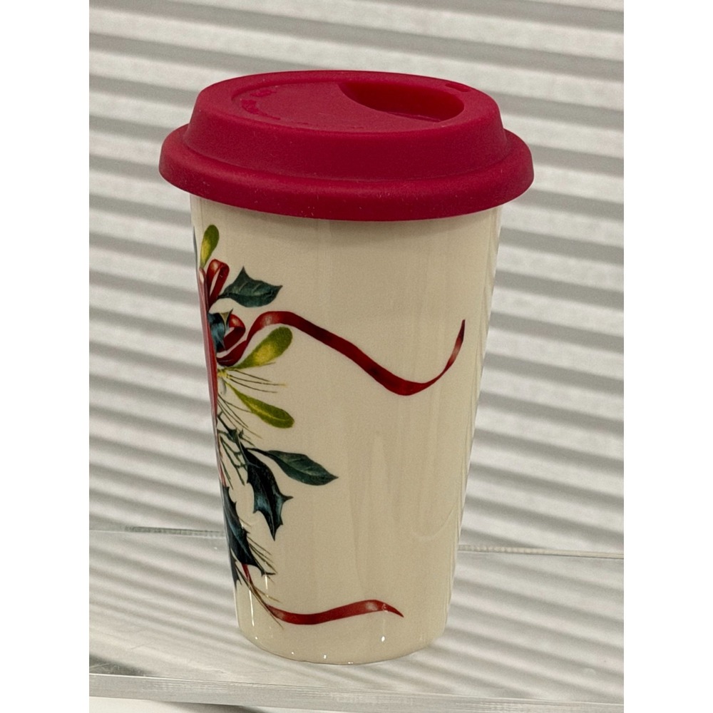 Lenox Red Cardinal Winter Greetings Travel Tumbler Porcelain w Red Silicone Lid - Picture 2 of 8